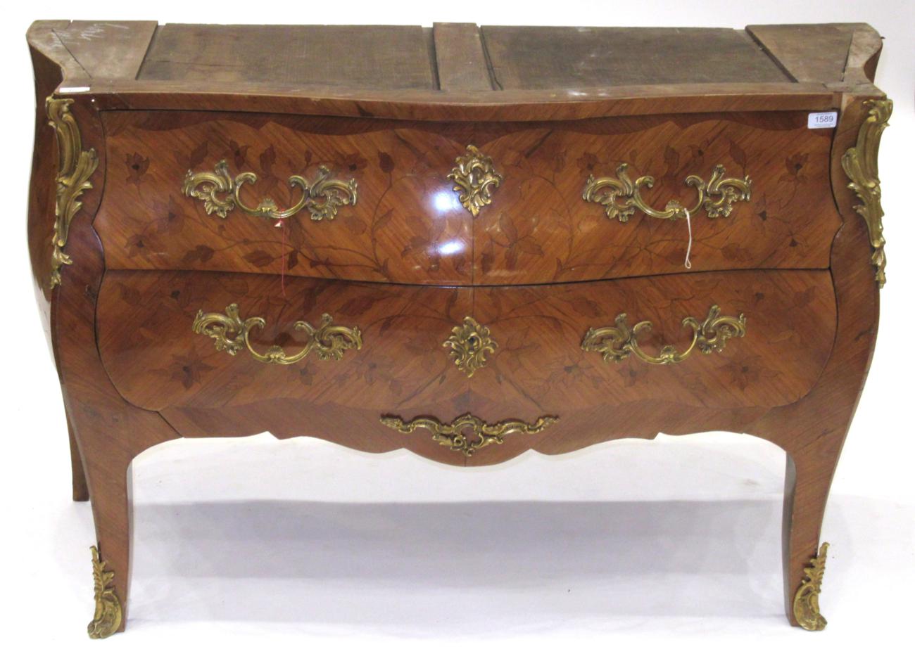 A Louis XV Style Tulipwood, Rosewood and Floral Marquetry Serpentine Shaped Commode, 20th century,