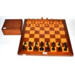 A Jacques Box Wood and Ebony Chess Set and British Chess Co Marquetry Chess Board, Knight