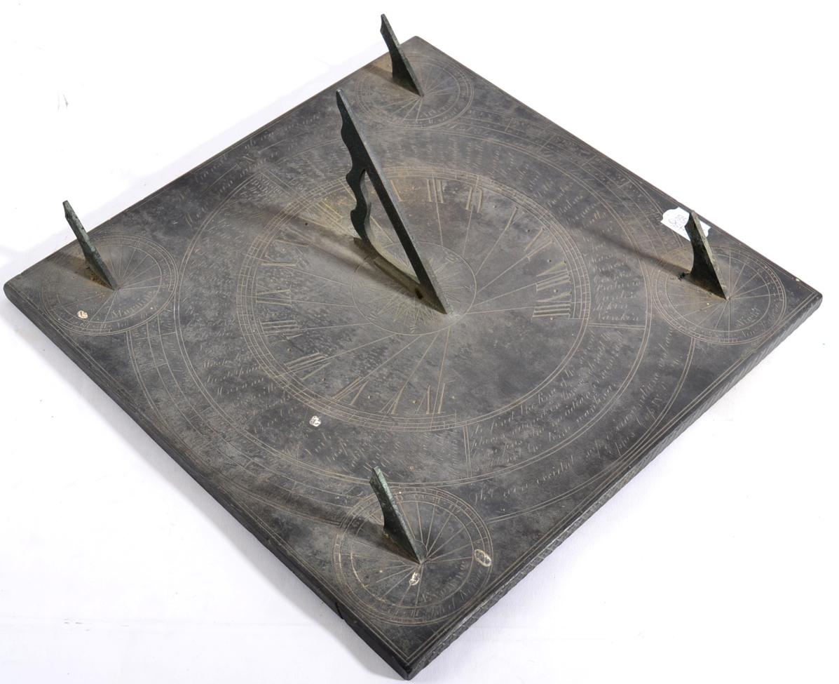 A Slate Sun Dial, 19th century, the square plate with central dial and four subsidiary dials