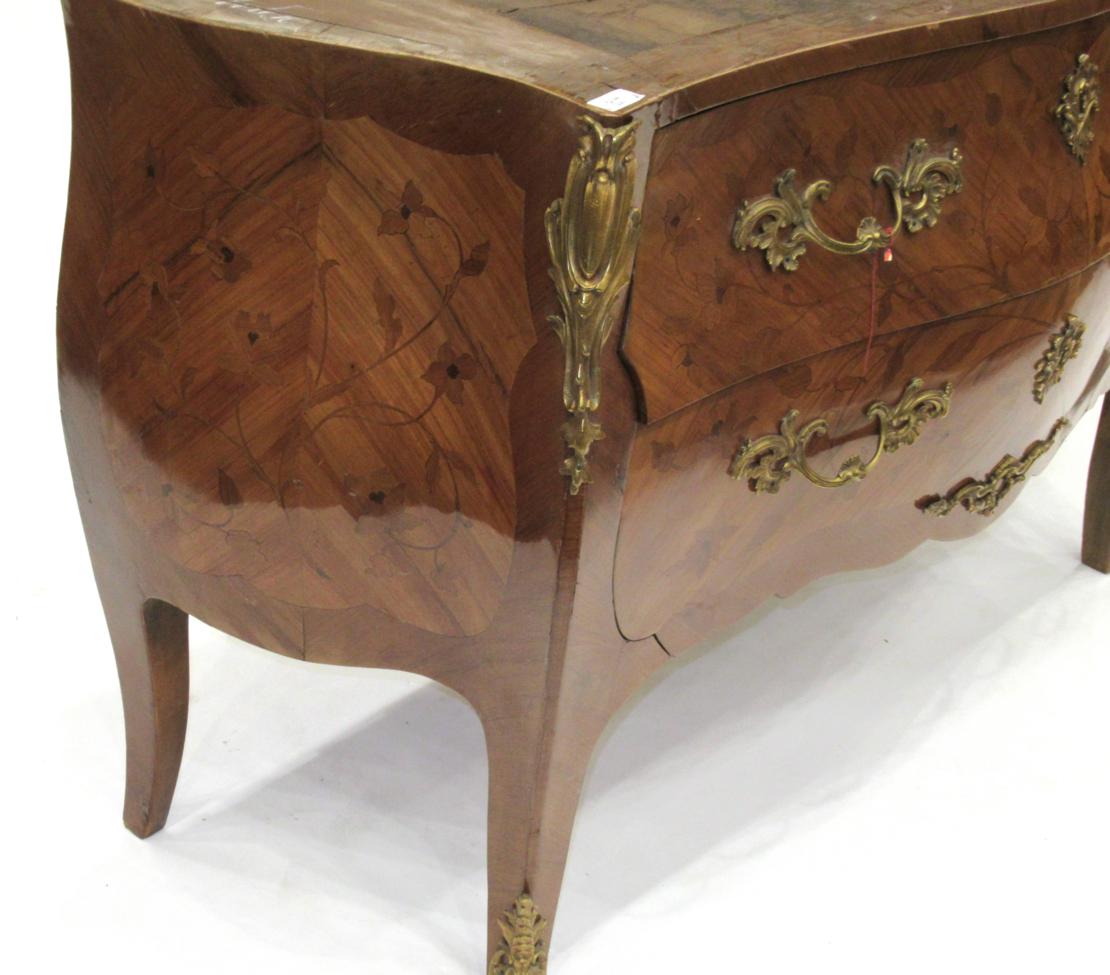 A Louis XV Style Tulipwood, Rosewood and Floral Marquetry Serpentine Shaped Commode, 20th century, - Image 2 of 3