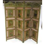 An Indian Green Painted Four-Leaf Dressing Screen, 19th/20th century, each side with painted