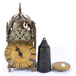 A Brass Reproduction Striking Lantern Clock, 20th century, pierced frets, side doors, 6-1/2-inch
