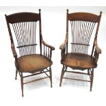 Two Thames Valley Beech, Elm and Oak Stick Back Chairs, with solid top rails above spindles, the