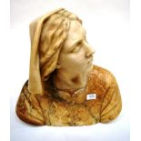 An Italian Carved Alabaster Bust of a Girl, circa 1900, wearing a head scarf and laced jacket,