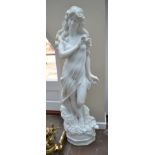 A Carved White Marble Statue, modern, in the form of a classical maiden, semi-nude with long hair