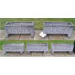 A Set of Five Composition Troughs, in Medieval style, cast in relief with various figures, on