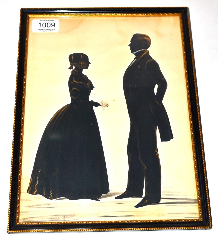 English School (circa 1840): A Silhouette Group of a Lady and Gentleman, standing looking toward