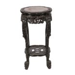 A Chinese Carved Padouk Wood and Marble Two-Tier Plant Stand, early 19th century, with flower carved