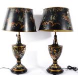 A Pair of Chinoiserie Decorated Black Lacquer Table Lamps and Shades, of urn form, decorated with