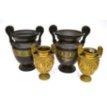A Pair of Gilt Bronze Twin-Handled Neo-Classical Vases, relief figural friezes, footed bases, 22cm