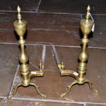 A Pair of Victorian Brass and Steel Andirons, 3rd quarter 19th century, with bulbous knopped finials
