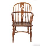 A Mid 19th Century Ash and Elm Windsor Armchair, stamped Nicholson Rockley, with double spindle back