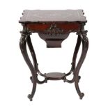 A Victorian Rosewood and Brass Strung Work Table, the sliding lid inlaid with polychrome decorated