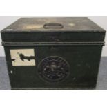 A substantial weighted cast iron twin handled deed box with Milners fire resisting patent cast