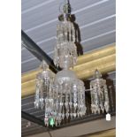 An Etched and Cut Glass Pendant Light Fitting, the three-tiered column flanked by three branches,