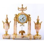 A Marble Striking Portico Mantel Clock with Garniture, 20th century, urn shaped finial, Arabic