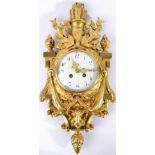 A Gilt Metal Striking Cartel Clock, circa 1890, floral, swag and rams head decorated case, 4-3/4-