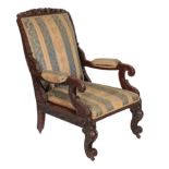 A Mid 19th Century Carved Hardwood Armchair, probably West Indies, recovered in blue and gold floral