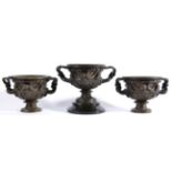 A Pair of Bronze Warwick Vases, 19th century, of traditional form, 13cm high; and A Similar