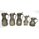 Three Pewter Flagons, 18th century, each 30cm high; and Two Smaller Flagons (5)