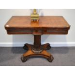 An Early Victorian Rosewood Foldover Card Table, circa 1840, the plain frieze centred by a tablet,