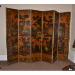 A 19th Century Continental Painted Leather and Close-Nailed Six-Leaf Dressing Screen, one side