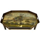 A Toleware Tea Tray, 19th century and later, of canted rectangular form, painted with a view of