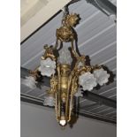 Late 19th/Early 20th Century Bronzed Six-Branch Chandelier, with frosted glass shades and Wedgwood