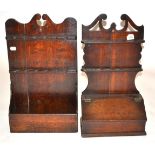 A George III Oak Spoon Rack, late 18th century, the scrolled pediment above two shelves to receive