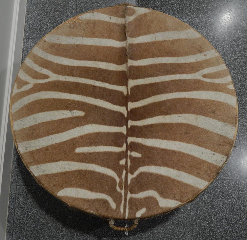 A large circular Zebra hide drum table, circa 1960-70, of circular form raised upon three feet, 88cm - Image 2 of 2