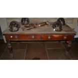 A Mid 19th Century Pine Farmhouse Table, of plank construction with two frieze drawers with knob