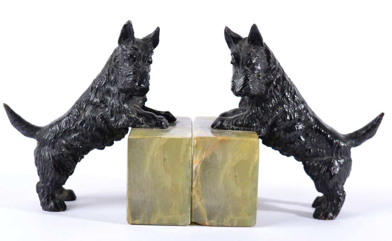 A Pair of Art Deco Austrian Cold Painted Bronze Scottish Terrier Dog Bookends, mounted on