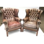 A Pair of George III Style Buttoned and Close-Nailed Brown Leather Wing-Back Chairs, modern, with