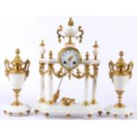 A White Marble Portico Striking Mantel Clock with Garniture, 20th century, portico case with gilt