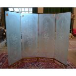 A Four-Leaf Frosted Glass Screen, 20th century, each panel etched with flowers and a circular