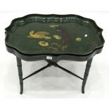 A Victorian Papier Mache Green Painted Tray Top Table, the removable tray decorated with two parrots