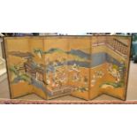 A Late 19th Japanese Gold Lacquer Folding Six-Leaf Screen, one side decorated with geishas amongst a