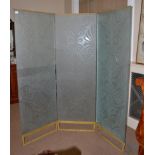 A 20th Century Three-Leaf Frosted Glass Folding Screen, each panel decorated with fleurs-de-lis