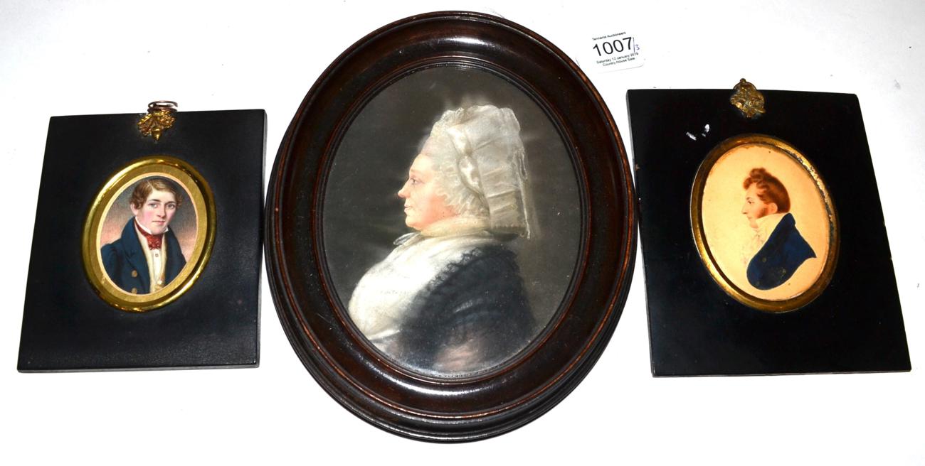 Thomas Fox (act.1833-1846):A Miniature Bust Portrait of a Gentleman, with red stock and blue jacket,