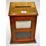 A Victorian Brass Mounted Oak Country House Letterbox, of rectangular form, the sloping top with