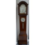 A Mahogany Longcase Clock with combined Wheel Barometer and Thermometer, arched pediment, brass