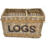 A Wicker Two-Division Basket, for logs and sticks, with ropetwist handles, both sides painted with