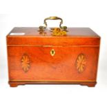 A George III Mahogany Tea Caddy, inlaid with patera, on bracket feet, 25cm wide