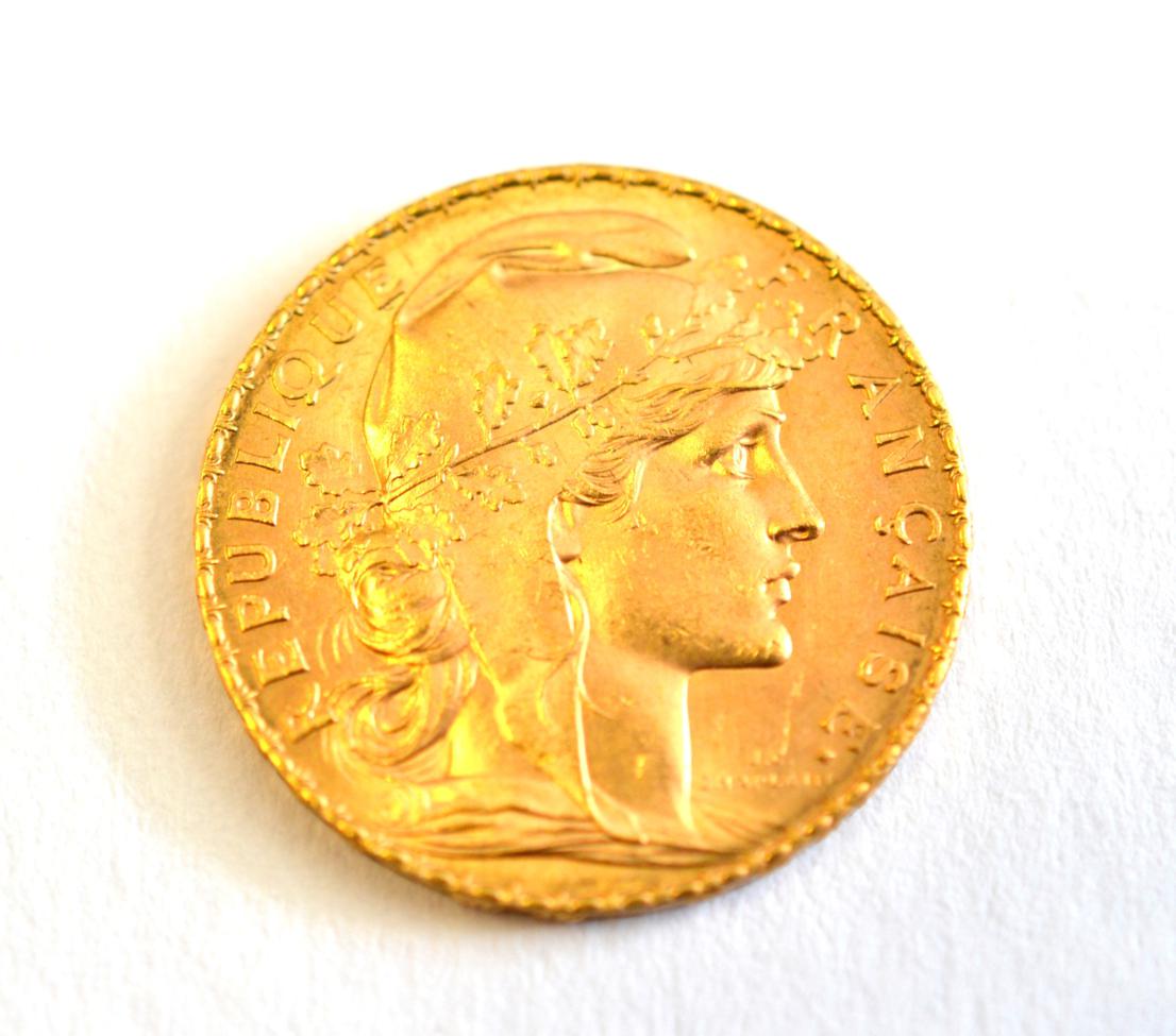 France, Gold 20 Francs, 1910 (official restrike), 6.45g, of 0.900 fineness. A few minor marks,