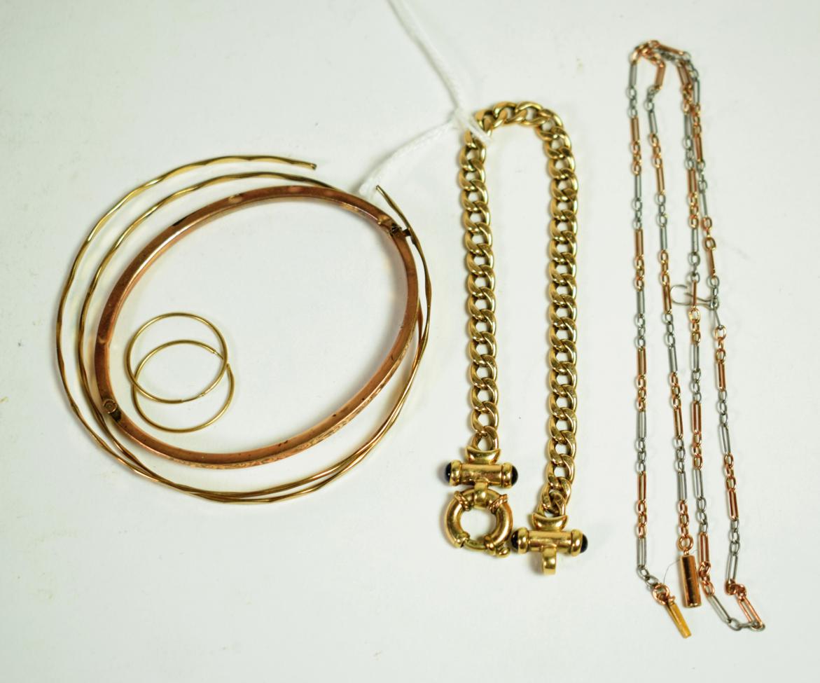 A 9 carat gold curb link bracelet, length 19cm; a bi-metal necklace, length 50cm; a pair of hoop