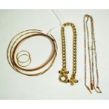 A 9 carat gold curb link bracelet, length 19cm; a bi-metal necklace, length 50cm; a pair of hoop