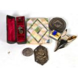 A mother of pearl card case; Scherrer fox mask brooch; a 19th century ring box etc