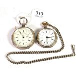 Two silver chronograph pocket watches and one attached silver curb link chain