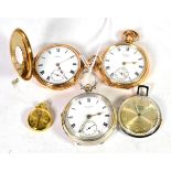 A silver pocket watch, a gold plated half hunter Waltham pocket watch, a gold plated open faced
