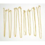 Eight 18 carat gold trace link chains, lengths 2 x 41.5cm, 4 x 47cm, and 2 x 51cm (9). Gross